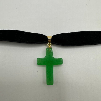 Vintage Green Jade Cross Choker Necklace - Golden Bronze