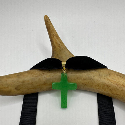 Vintage Green Jade Cross Choker Necklace - Golden Bronze