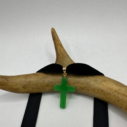 Vintage Green Jade Cross Choker Necklace - Golden Bronze