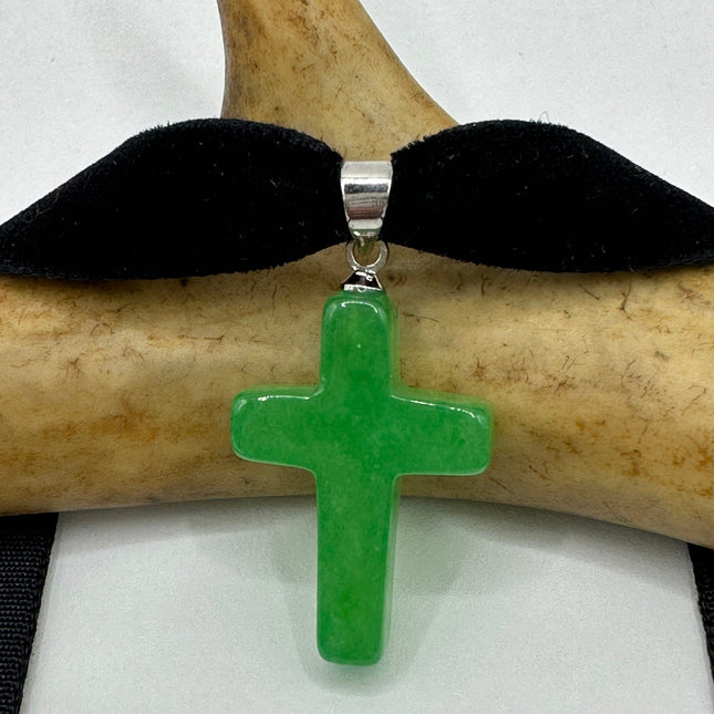 Vintage Green Jade Cross Choker Necklace - Silver Bronze