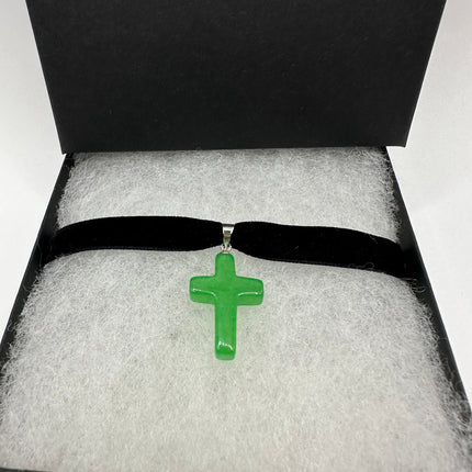 Vintage Green Jade Cross Choker Necklace - Silver Bronze
