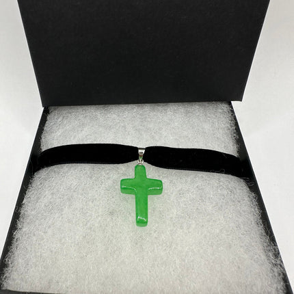 Vintage Green Jade Cross Choker Necklace - Silver Bronze