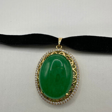 Vintage Green Jade Deco Choker Necklace - Golden Bronze