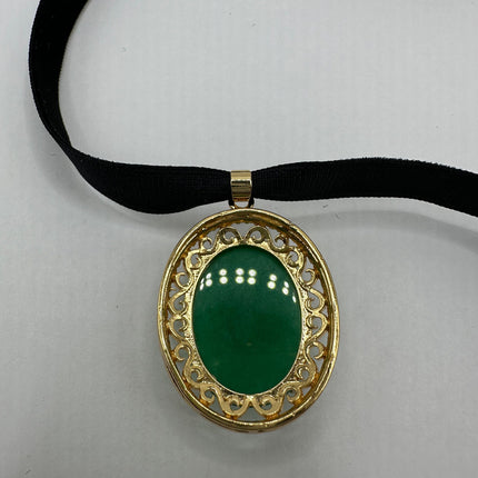 Vintage Green Jade Deco Choker Necklace - Golden Bronze