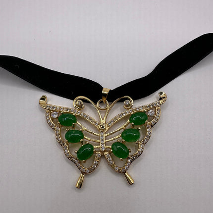 Vintage Green Jade Deco Butterfly Choker Necklace - Golden Bronze