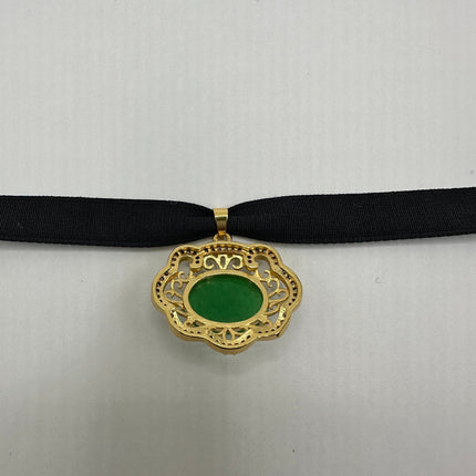 Vintage Green Jade Deco Choker Necklace - Golden Bronze
