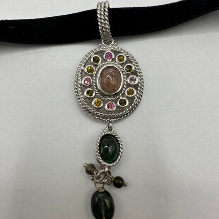 Vintage Watermelon Tourmaline Pendant Ribbon Choker Necklace | 925 Sterling Silver Necklace