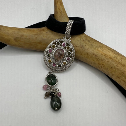 Vintage Watermelon Tourmaline Pendant Ribbon Choker Necklace | 925 Sterling Silver Necklace
