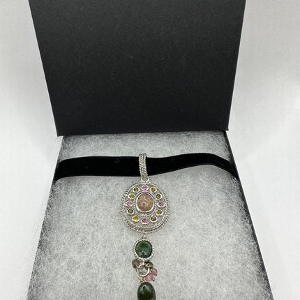 Vintage Watermelon Tourmaline Pendant Ribbon Choker Necklace | 925 Sterling Silver Necklace