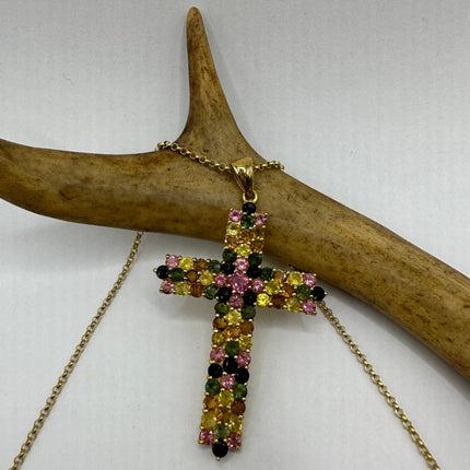 Vintage Watermelon Tourmaline Cross Golden 925 Sterling Silver Necklace