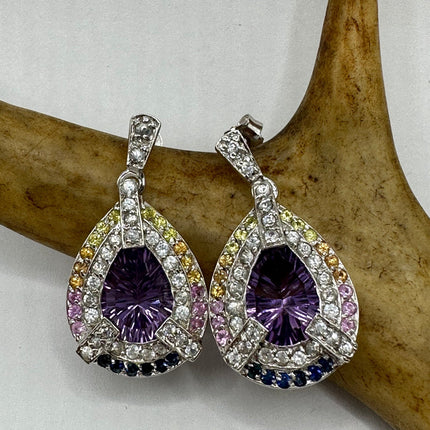 Vintage Silver Earrings | Purple Amethyst Citrine Tourmaline Sapphire Gemstone | 925 Sterling Silver Dangle Drop Chandelier Earrings