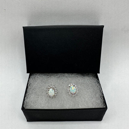 Vintage Silver Earrings | Tiny White Fire Opal Clear Crystal Diamond Stud Button Earrings | 925 Sterling Silver