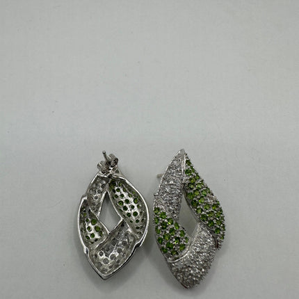 Vintage Silver Earrings | Emerald Green Chrome Diopside White Sapphire Gemstone Stud Button Deco Earrings | 925 Sterling Silver