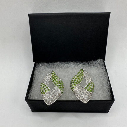 Vintage Silver Earrings | Emerald Green Chrome Diopside White Sapphire Gemstone Stud Button Deco Earrings | 925 Sterling Silver