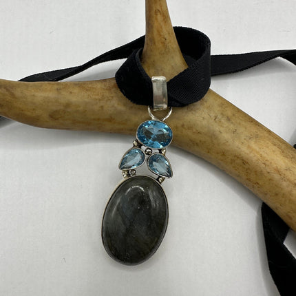 Vintage Labradorite Pendant Ribbon Choker Necklace | 925 Sterling Silver Necklace
