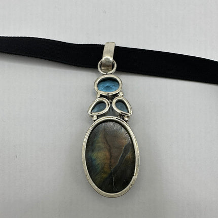 Vintage Labradorite Pendant Ribbon Choker Necklace | 925 Sterling Silver Necklace