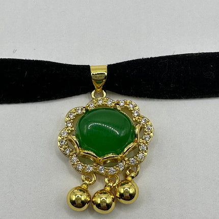 Vintage Gemstone Pendant | Green Jade Gemstone Deco Charm Pendant | Golden Bronze Velvet Choker Necklace