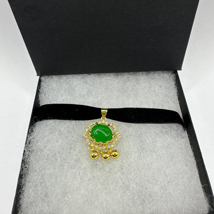 Vintage Gemstone Pendant | Green Jade Gemstone Deco Charm Pendant | Golden Bronze Velvet Choker Necklace