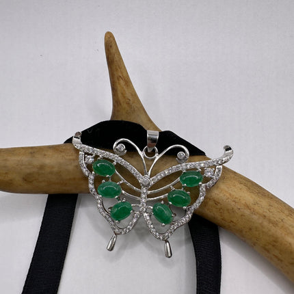 Vintage Green Jade Deco Butterfly Choker Necklace - Silver Bronze