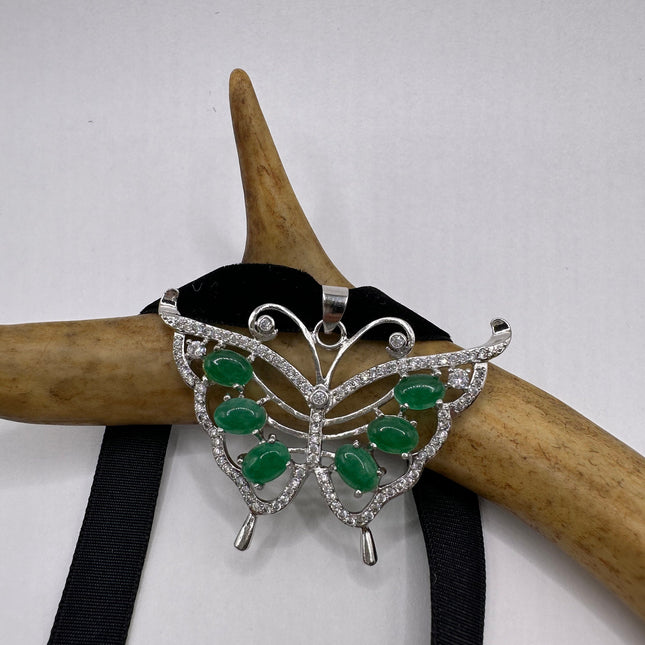 Vintage Green Jade Deco Butterfly Choker Necklace - Silver Bronze
