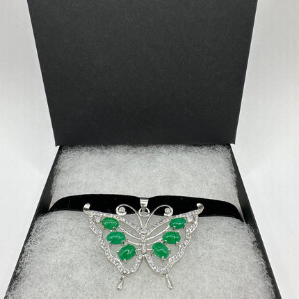 Vintage Green Jade Deco Butterfly Choker Necklace - Silver Bronze