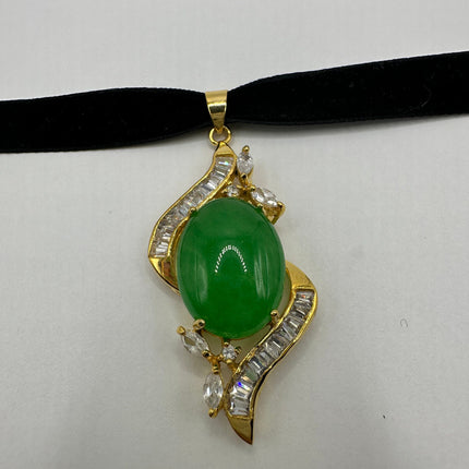 Vintage Green Jade Deco Choker Necklace - Golden Bronze