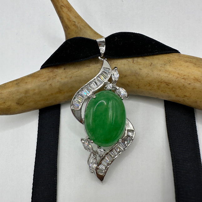 Vintage Green Jade Deco Choker Necklace - Silver Bronze