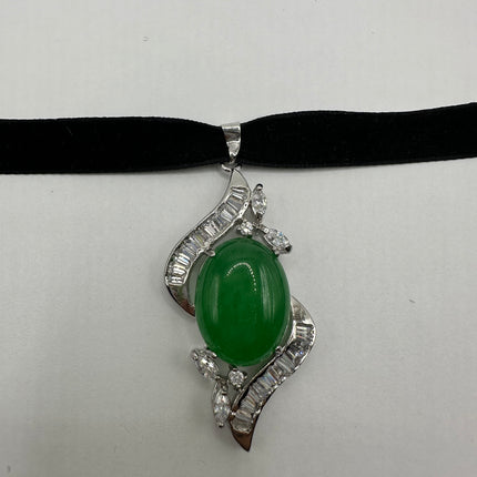 Vintage Green Jade Deco Choker Necklace - Silver Bronze