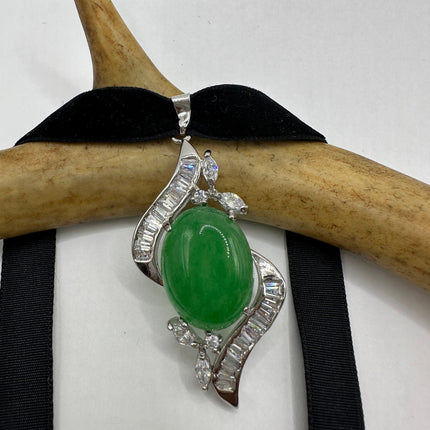 Vintage Green Jade Deco Choker Necklace - Silver Bronze