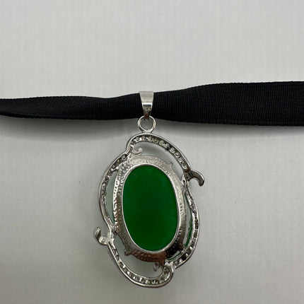 Vintage Green Jade Deco Choker Necklace - Silver Bronze