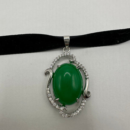 Vintage Green Jade Deco Choker Necklace - Silver Bronze