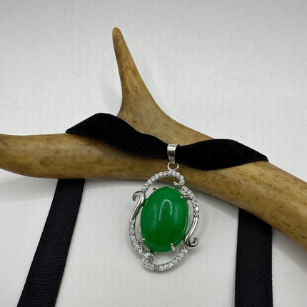 Vintage Green Jade Deco Choker Necklace - Silver Bronze