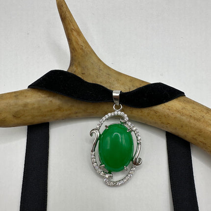 Vintage Green Jade Deco Choker Necklace - Silver Bronze