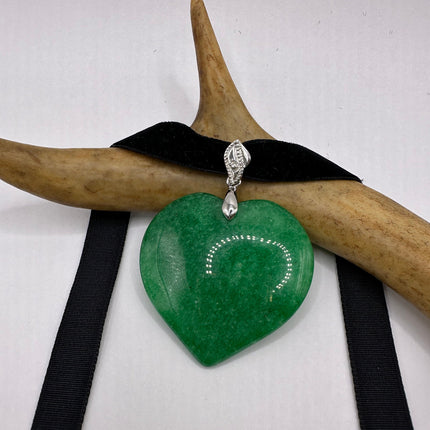 Vintage Green Jade Deco Choker Necklace - Silver Bronze