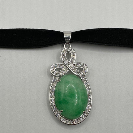 Vintage Green Jade Deco Choker Necklace - Silver Bronze