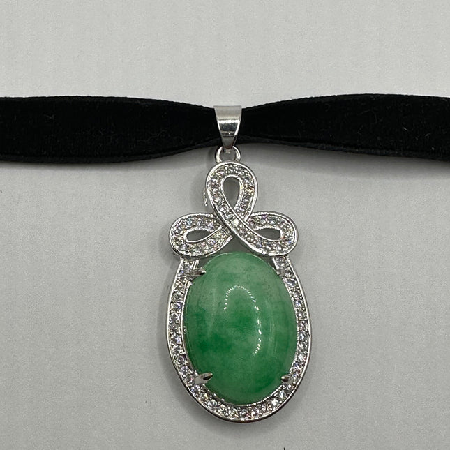 Vintage Green Jade Deco Choker Necklace - Silver Bronze