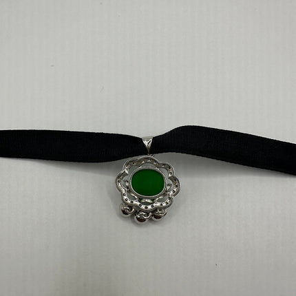 Vintage Green Jade Deco Choker Necklace - Silver Bronze