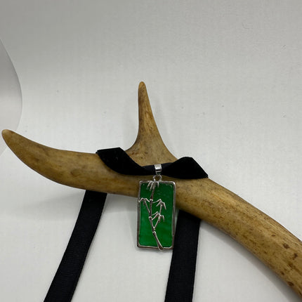 Vintage Green Jade Deco Choker Necklace - Silver Bronze