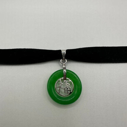 Vintage Green Jade Deco Choker Necklace - Silver Bronze