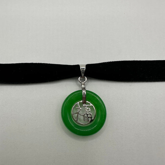 Vintage Green Jade Deco Choker Necklace - Silver Bronze