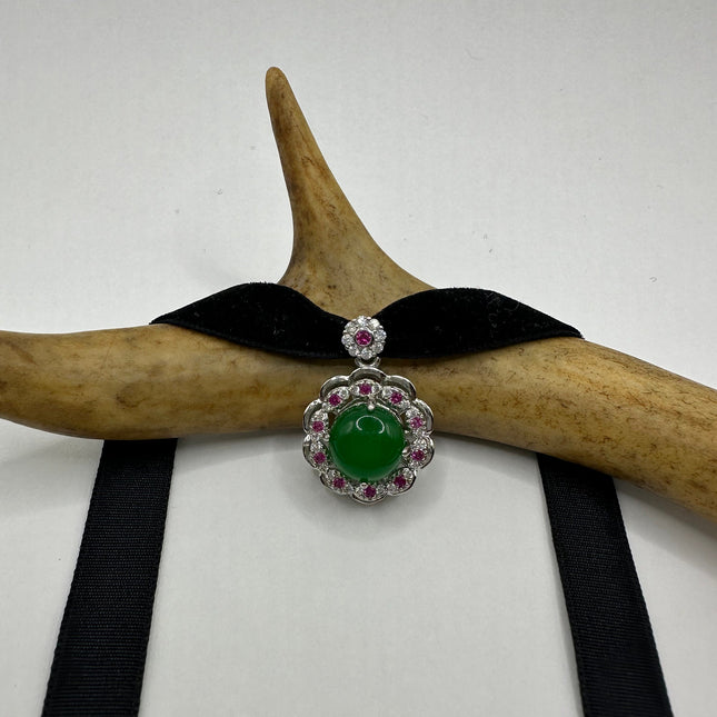 Vintage Green Jade Deco Choker Necklace - Silver Bronze