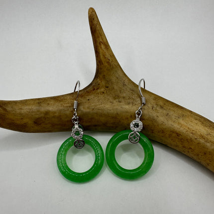 Vintage Green Jade Lucky Hoop Dangle Earrings