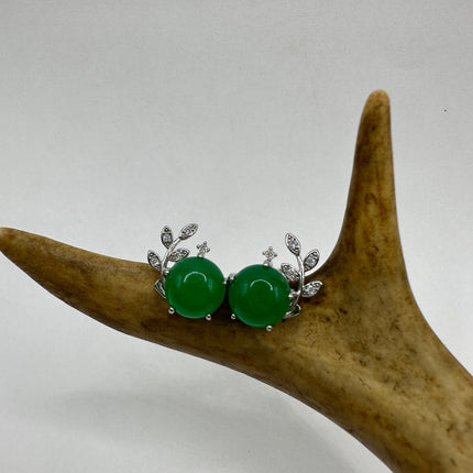 Vintage Silver Green Jade Lucky Stud Earrings