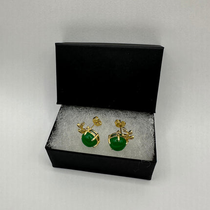 Vintage Gold Green Jade Lucky Stud Earrings