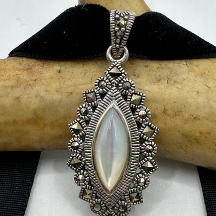 Vintage Mother of Pearl Marcasite Pendant Ribbon Choker Necklace | 925 Sterling Silver Necklace