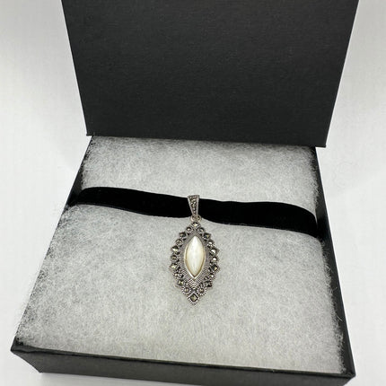 Vintage Mother of Pearl Marcasite Pendant Ribbon Choker Necklace | 925 Sterling Silver Necklace