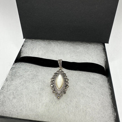 Vintage Mother of Pearl Marcasite Pendant Ribbon Choker Necklace | 925 Sterling Silver Necklace