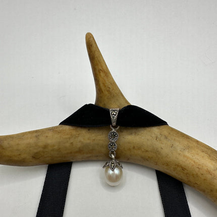 Vintage Silver Pendant Choker Necklace | White Pearl Gemstone Marcasite Crystal Pendant | 925 Sterling Silver Velvet Ribbon Necklace