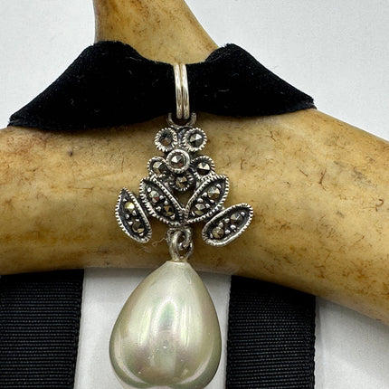 Vintage Gemstone Pendant Choker Necklace | White Pearl Marcasite Birthstone Crystal Pendant 925 Sterling Silver Ribbon Choker Necklace