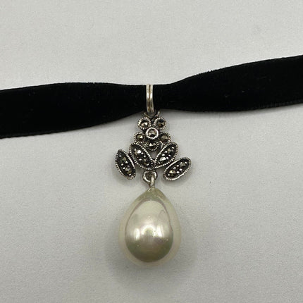 Vintage Gemstone Pendant Choker Necklace | White Pearl Marcasite Birthstone Crystal Pendant 925 Sterling Silver Ribbon Choker Necklace